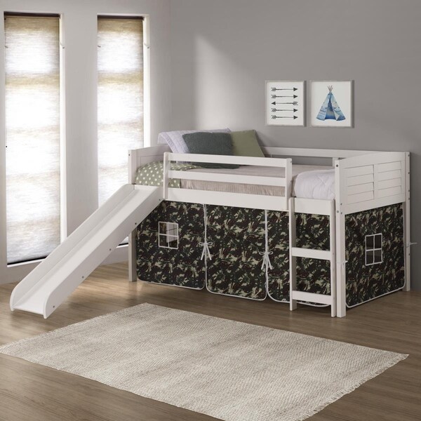 Kd Gabinetes PD-790ATW-C-785W Twin Size Louver Low Loft with Slide & Camo Tent in White KD3168152 - main